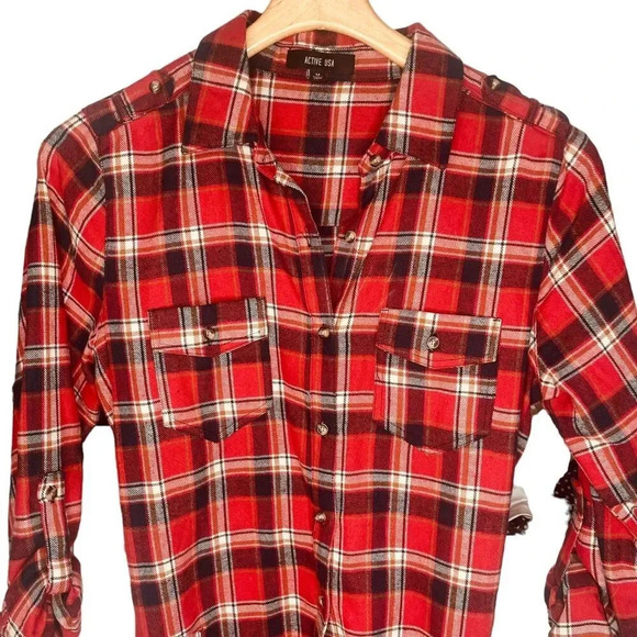 Active USA Women's Red, Navy, Tan & White Plaid Flannel Mini Belted Dress - Picture 2 of 14